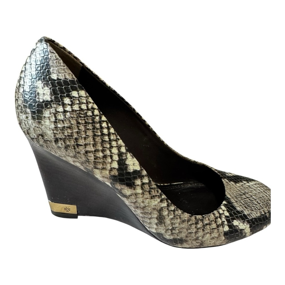 Tory Burch Benton Snakeskin Embossed Leather Wedge Pumps Size 7.5 - Picture 4 of 11